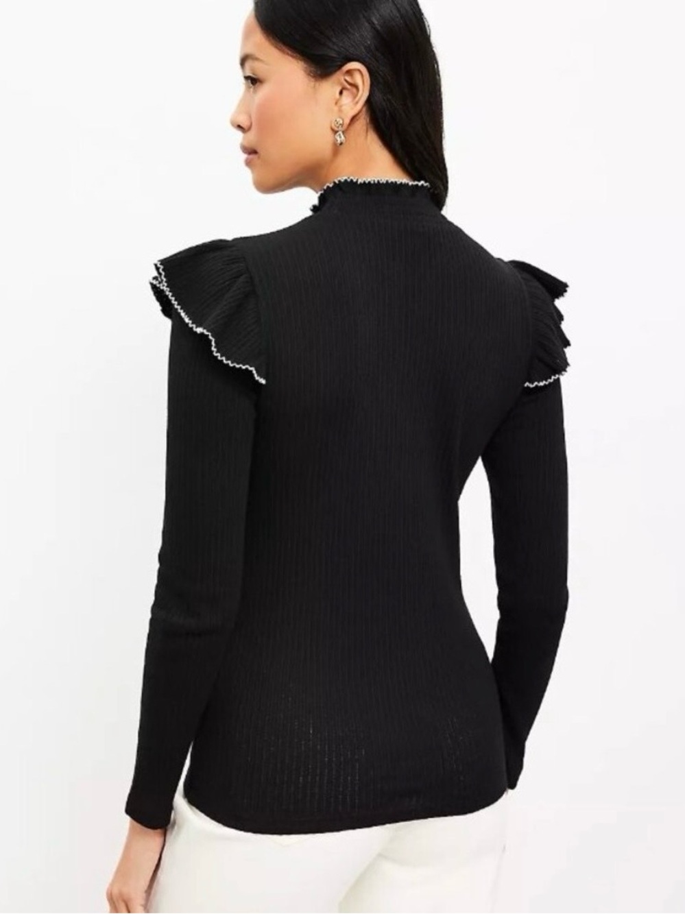 LOFT Black Pointelle Ruffle Ribbed Top - Picture 2 of 7